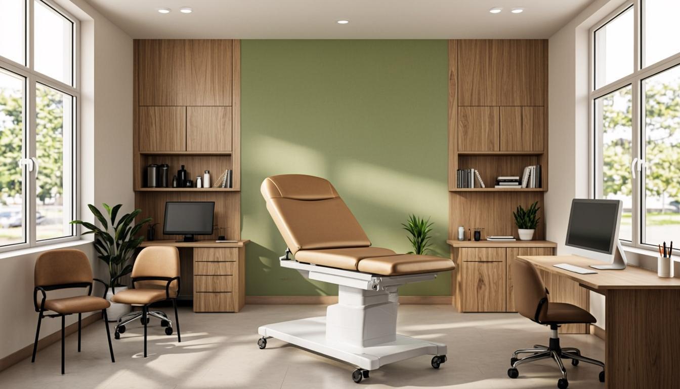 Bright modern orthopedic clinic interior with warm wood tones and sage green accents